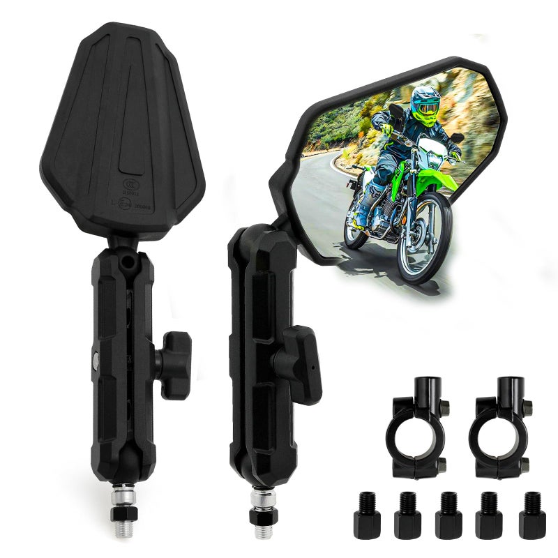 DREAMIZER مرايا دراجة نارية من DREAMIZER Adventure مقاس 8 مم 10 مم مرآة جانبية للدراجة النارية، مرايا رؤية خلفية بمقود عالمي مقاس 7/8 بوصة، مرآة ATV مزدوجة الأسطوانة قابلة للتعديل متوافقة مع Honda CRF Kawasaki Scooter - Image 1